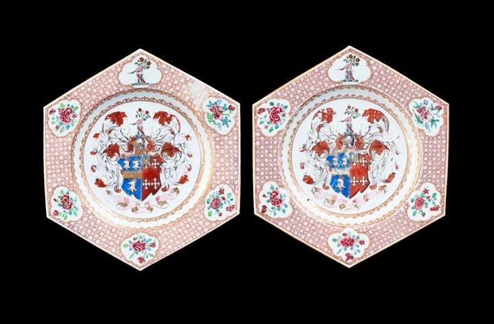GG: Pair of Chinese export armorial dinner plates, arms of Jephson impaling Chase